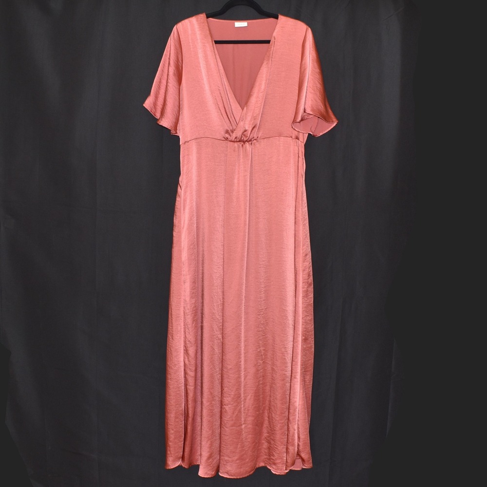 Vila Clothes Rose Pink Satin V-Neck Maxi Dress Flutter Sleeve Size 44